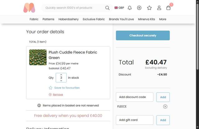 Minerva Crafts checkout page showing Minerva Crafts discount code box | Screenshot taken by SimplyCodes community member on Sep 3, 2025