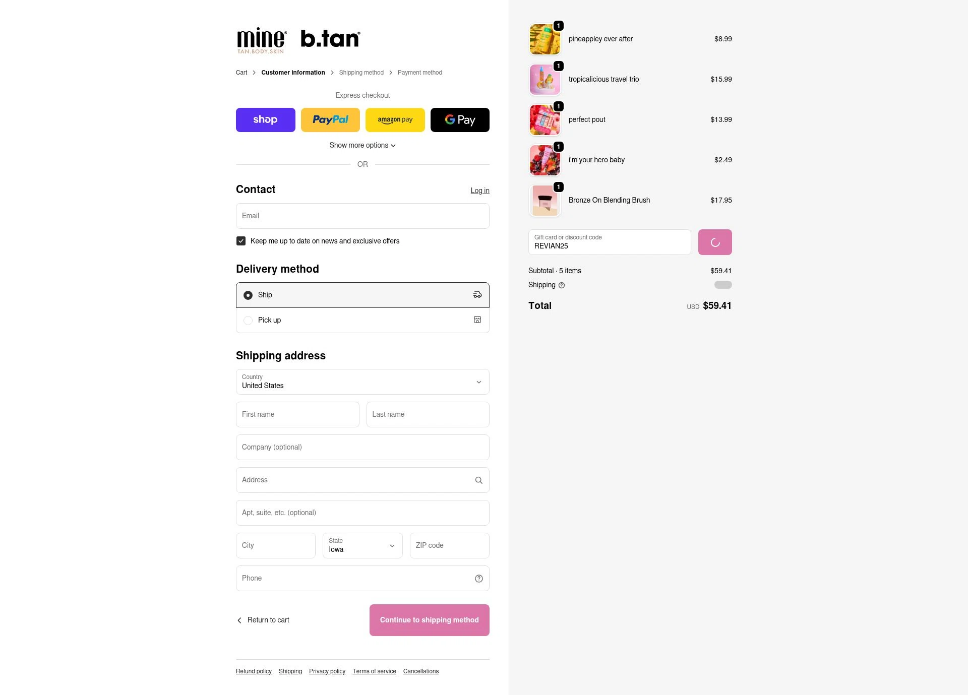 MineTan checkout page showing MineTan coupon code box | Screenshot taken by SimplyCodes community member on Feb 18, 2026