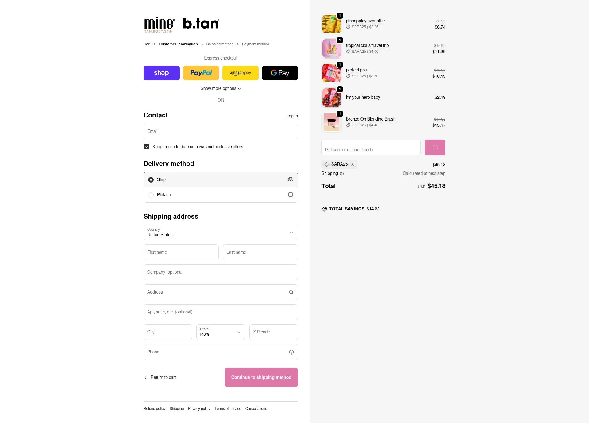 MineTan checkout page showing MineTan coupon code box | Screenshot taken by SimplyCodes community member on Feb 18, 2026