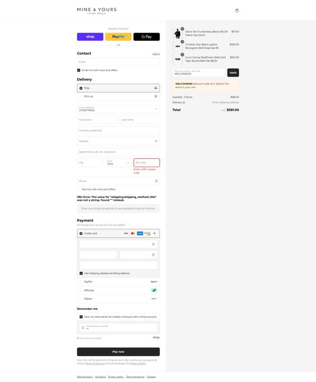 Mine & Yours checkout page showing Mine & Yours promo code box | Screenshot taken by SimplyCodes community member on Sep 8, 2025