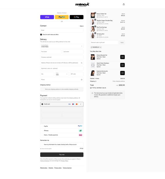 Minga London checkout page showing Minga London discount code box | Screenshot taken by SimplyCodes community member on Sep 12, 2025