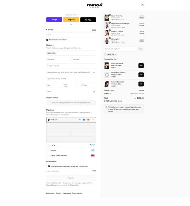 Minga London checkout page showing Minga London discount code box | Screenshot taken by SimplyCodes community member on Sep 12, 2025
