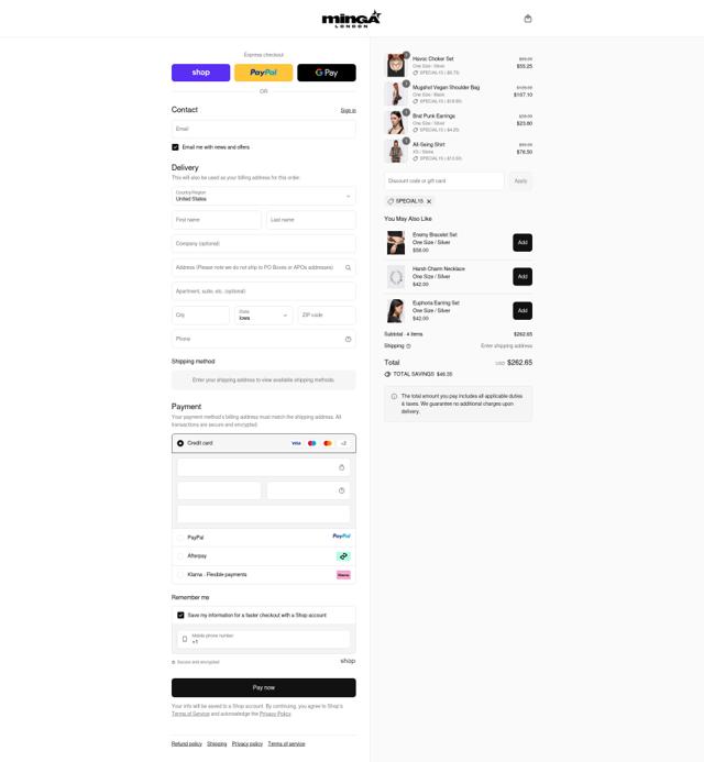 Minga London checkout page showing Minga London discount code box | Screenshot taken by SimplyCodes community member on Sep 12, 2025