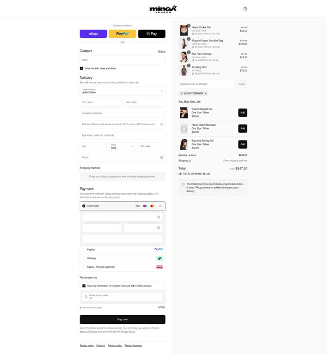 Minga London checkout page showing Minga London discount code box | Screenshot taken by SimplyCodes community member on Sep 12, 2025