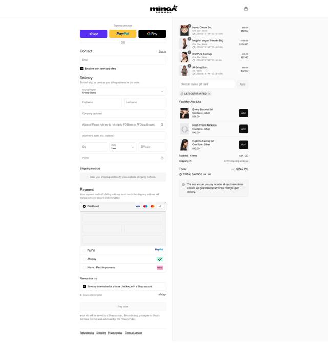 Minga London checkout page showing Minga London discount code box | Screenshot taken by SimplyCodes community member on Sep 12, 2025