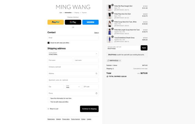 Ming Wang Knits checkout page showing Ming Wang Knits coupon code box | Screenshot taken by SimplyCodes community member on Sep 10, 2025