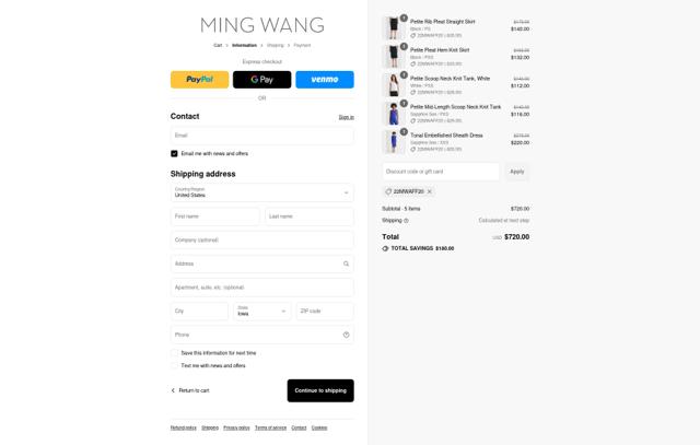 Ming Wang Knits checkout page showing Ming Wang Knits coupon code box | Screenshot taken by SimplyCodes community member on Sep 15, 2025