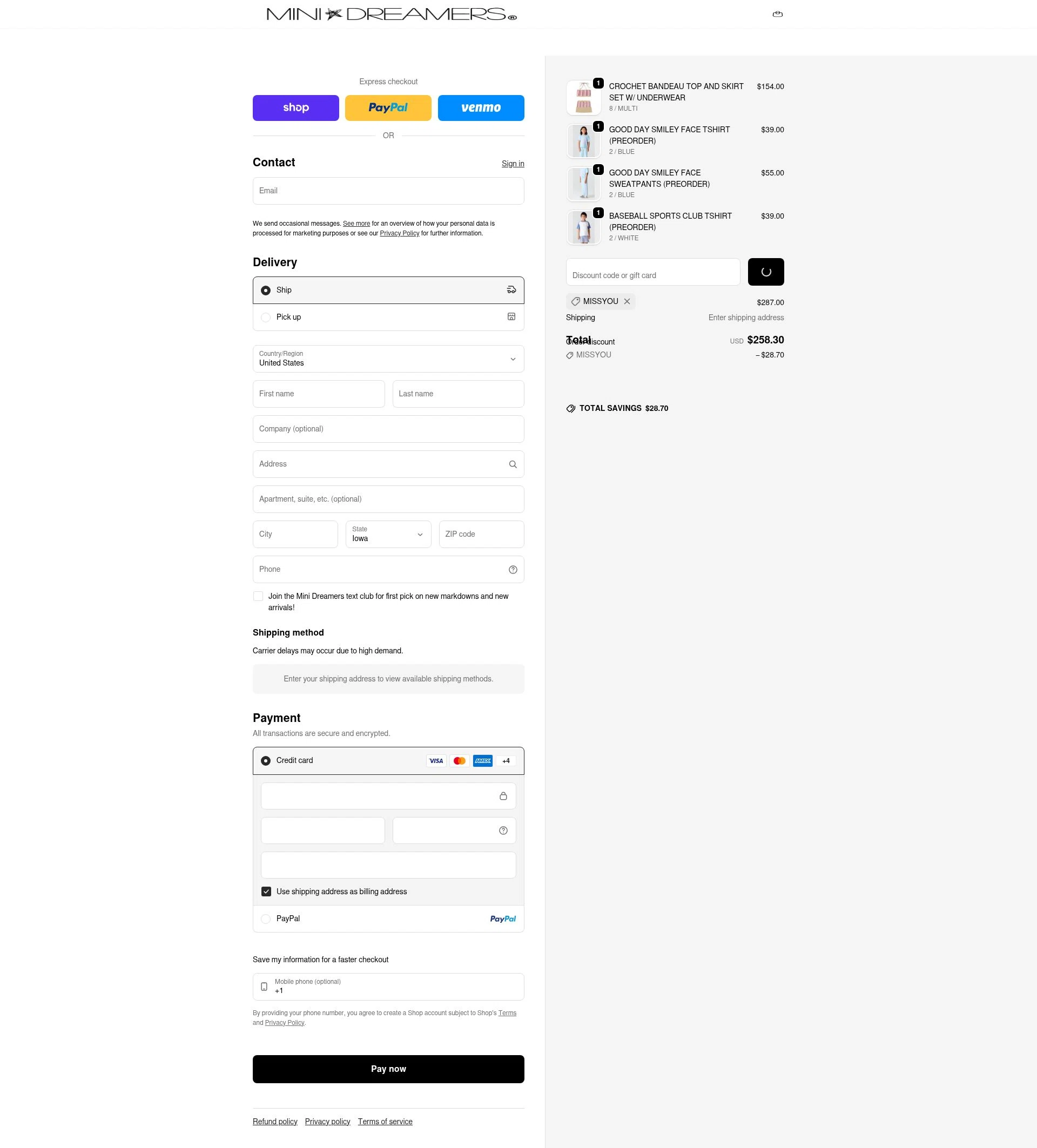 Mini Dreamers checkout page showing Mini Dreamers promo code box | Screenshot taken by SimplyCodes community member on Feb 8, 2026