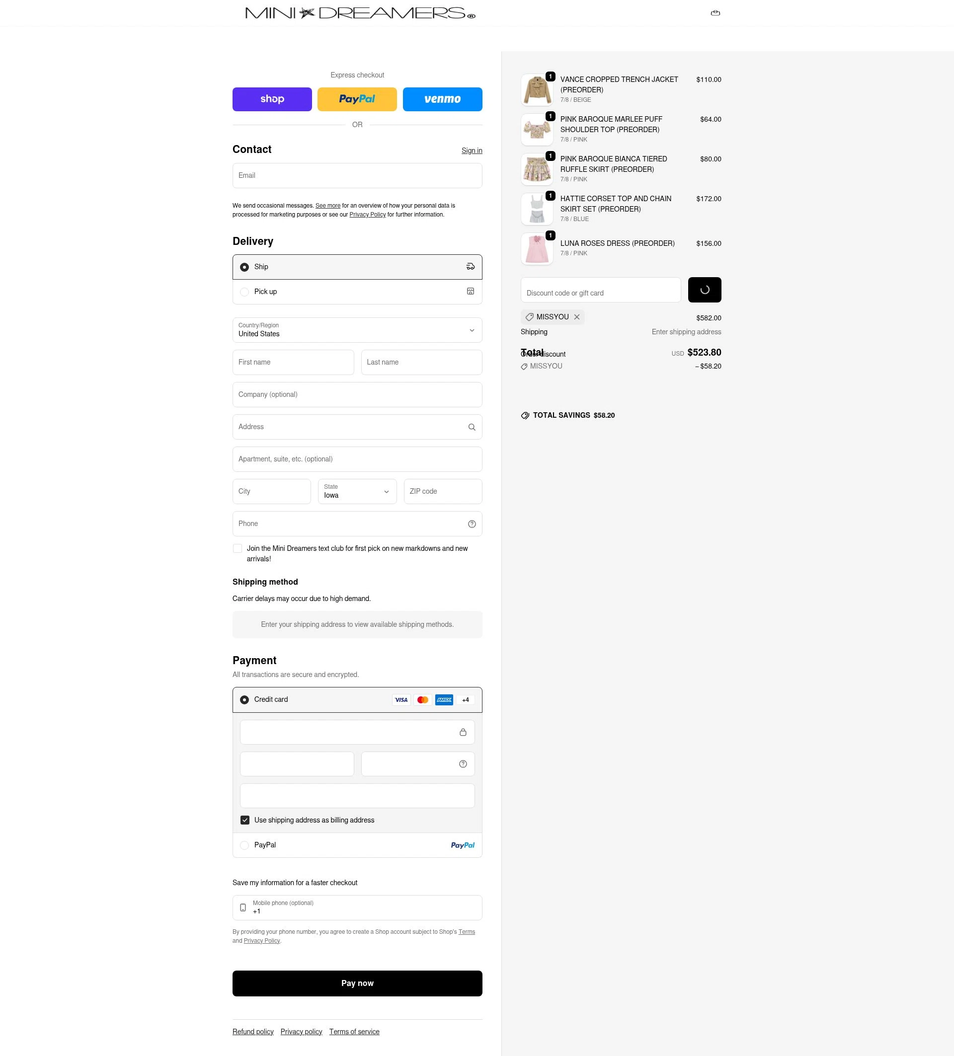 Mini Dreamers checkout page showing Mini Dreamers promo code box | Screenshot taken by SimplyCodes community member on Feb 13, 2026