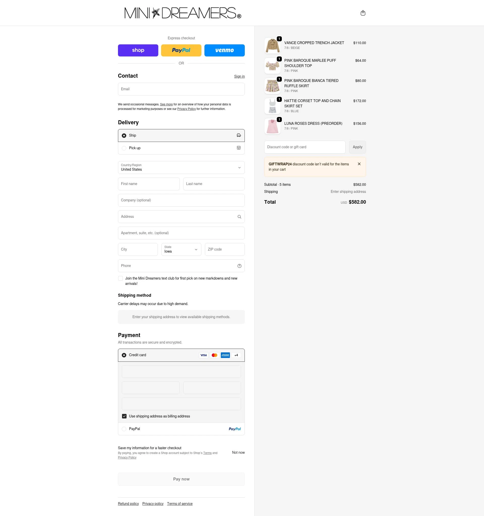 Mini Dreamers checkout page showing Mini Dreamers promo code box | Screenshot taken by SimplyCodes community member on Feb 17, 2026