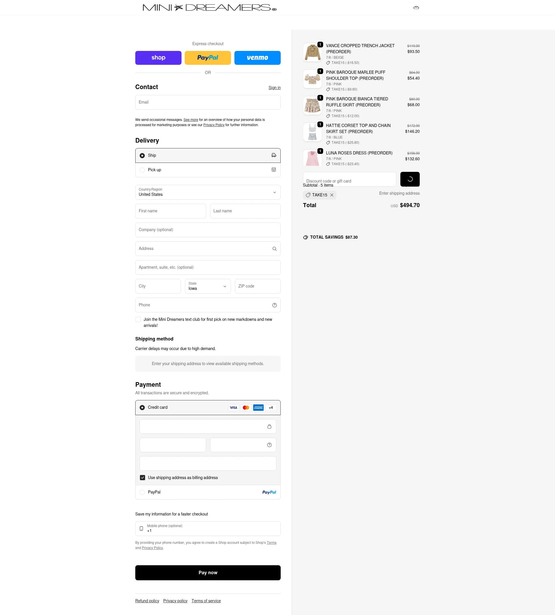 Mini Dreamers checkout page showing Mini Dreamers promo code box | Screenshot taken by SimplyCodes community member on Feb 13, 2026