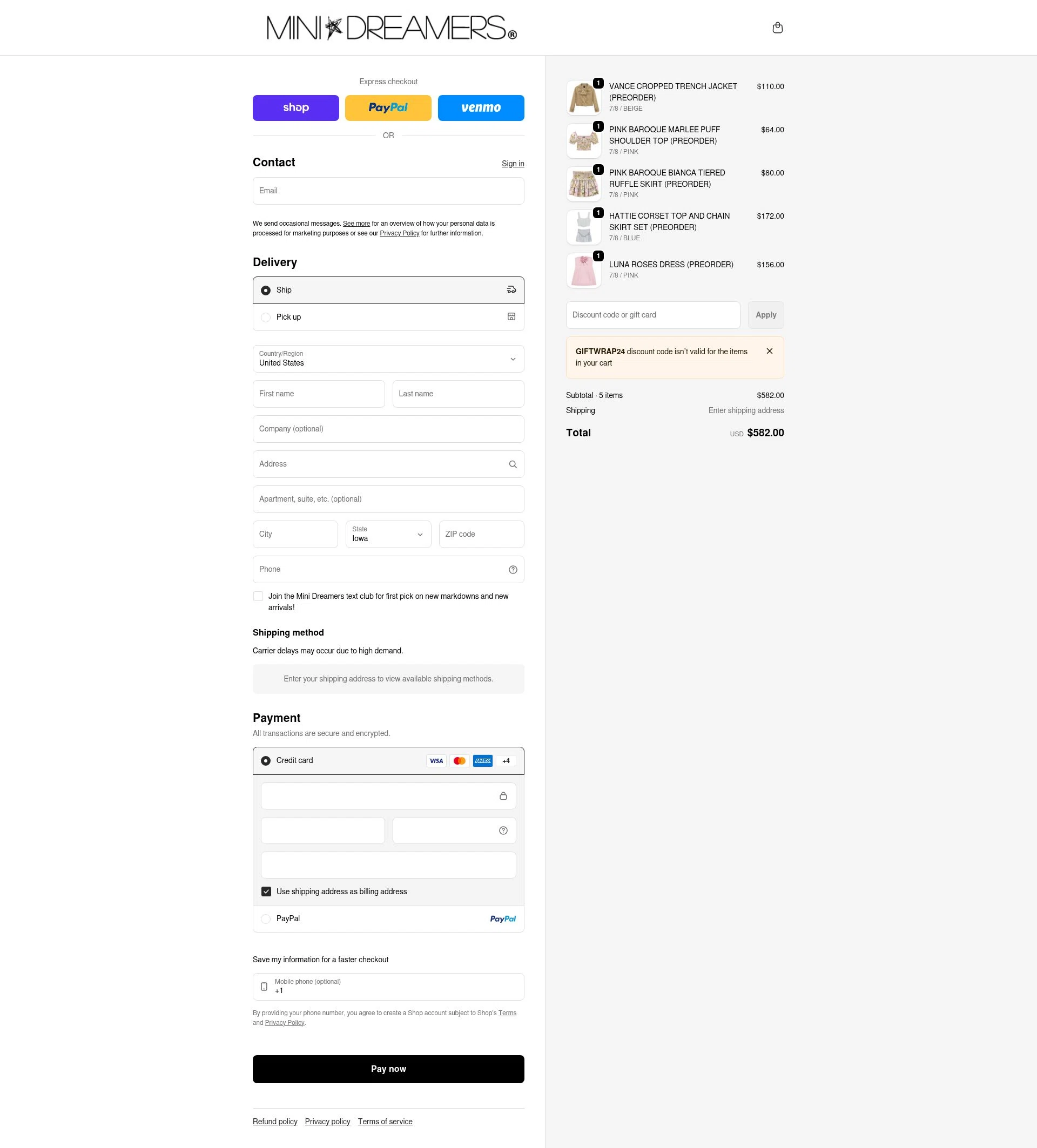 Mini Dreamers checkout page showing Mini Dreamers promo code box | Screenshot taken by SimplyCodes community member on Feb 13, 2026