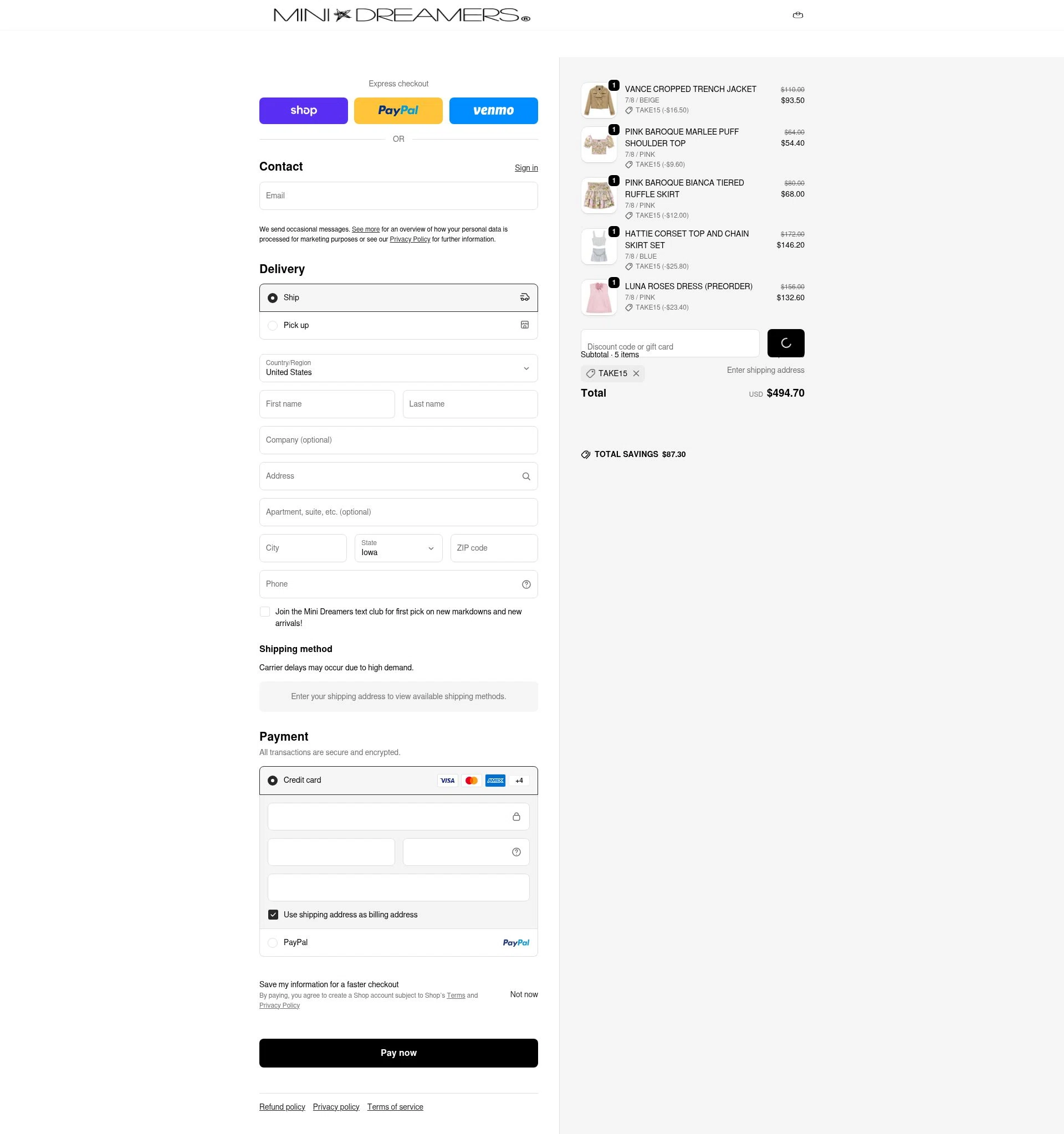 Mini Dreamers checkout page showing Mini Dreamers promo code box | Screenshot taken by SimplyCodes community member on Feb 17, 2026