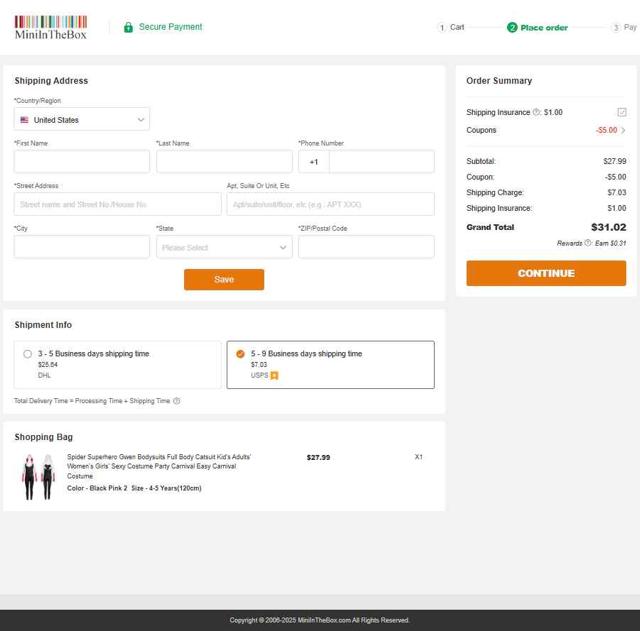 MiniInTheBox checkout page showing MiniInTheBox discount code box | Screenshot taken by SimplyCodes community member on Apr 2, 2025