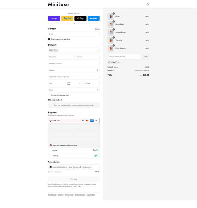 MiniLuxe checkout page showing MiniLuxe coupon code box | Screenshot taken by SimplyCodes community member on Sep 13, 2025