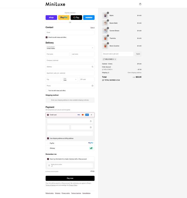 MiniLuxe checkout page showing MiniLuxe coupon code box | Screenshot taken by SimplyCodes community member on Sep 13, 2025