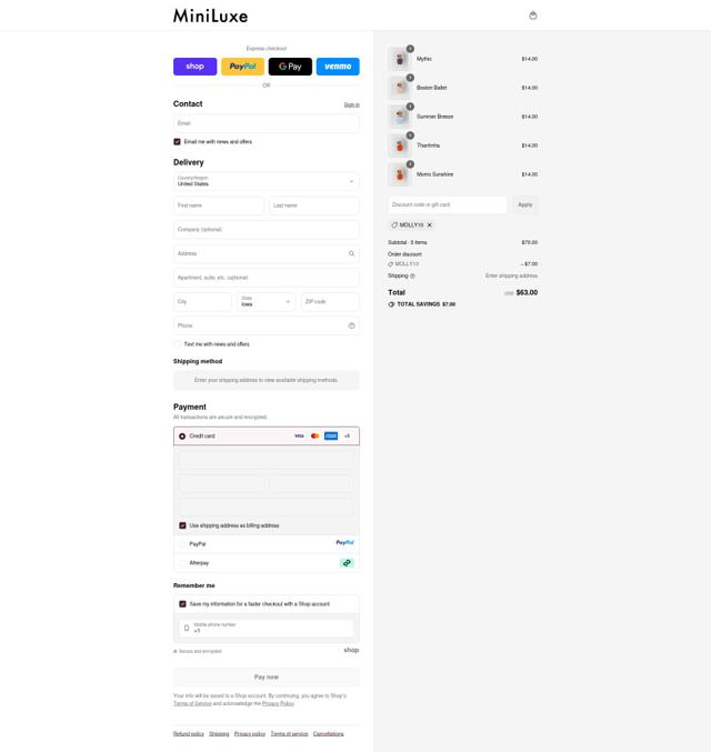 MiniLuxe checkout page showing MiniLuxe coupon code box | Screenshot taken by SimplyCodes community member on Sep 13, 2025