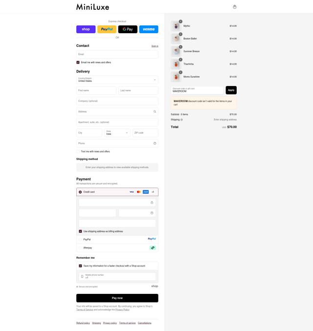 MiniLuxe checkout page showing MiniLuxe coupon code box | Screenshot taken by SimplyCodes community member on Sep 13, 2025