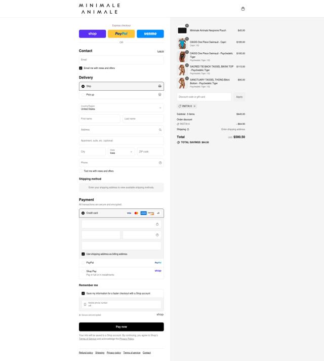Minimale Animale checkout page showing Minimale Animale promo code box | Screenshot taken by SimplyCodes community member on Sep 6, 2025