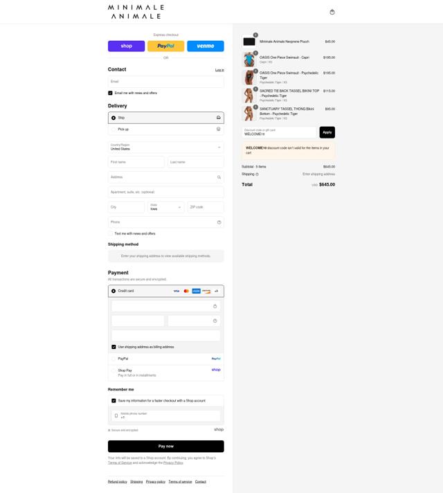 Minimale Animale checkout page showing Minimale Animale promo code box | Screenshot taken by SimplyCodes community member on Sep 6, 2025