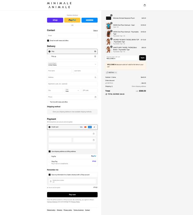 Minimale Animale checkout page showing Minimale Animale promo code box | Screenshot taken by SimplyCodes community member on Sep 10, 2025