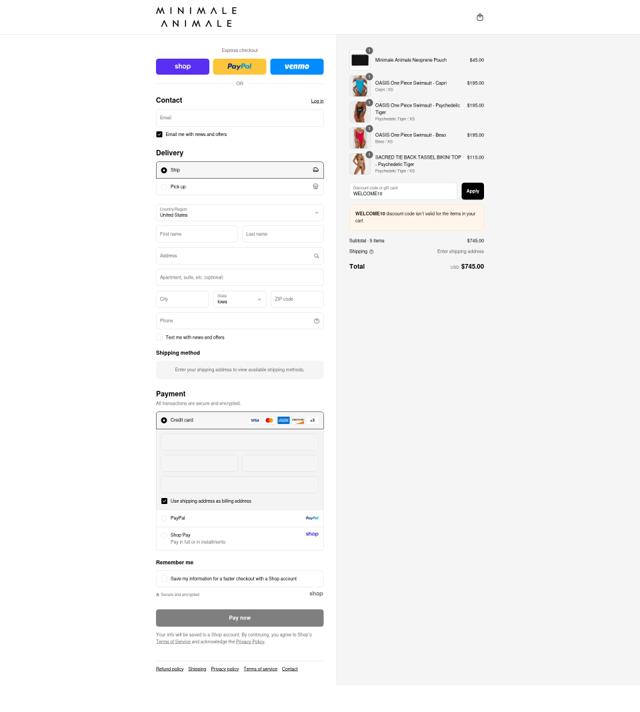 Minimale Animale checkout page showing Minimale Animale promo code box | Screenshot taken by SimplyCodes community member on Sep 2, 2025