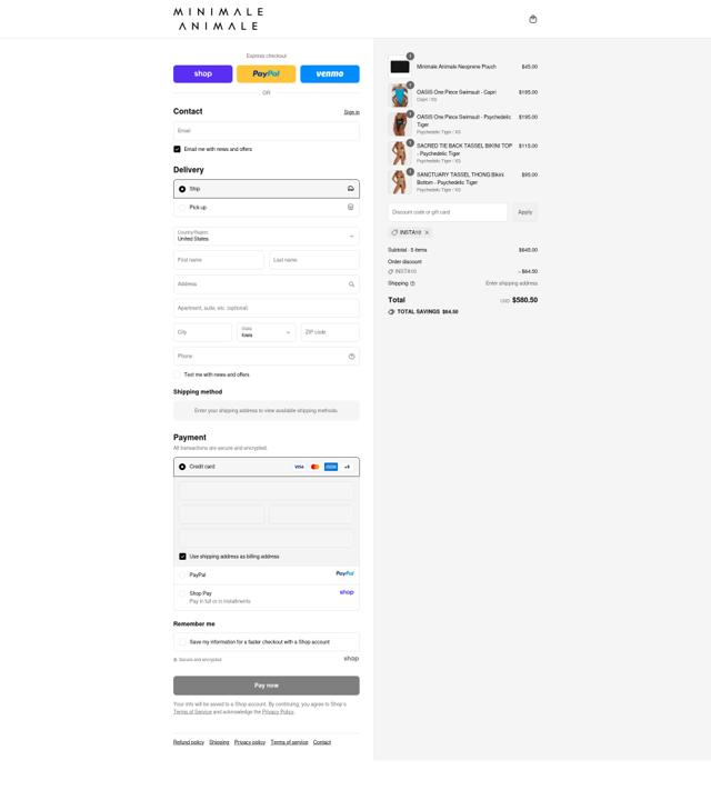 Minimale Animale checkout page showing Minimale Animale promo code box | Screenshot taken by SimplyCodes community member on Sep 10, 2025