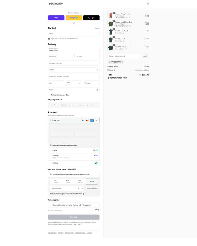Mini Mioche checkout page showing Mini Mioche promo code box | Screenshot taken by SimplyCodes community member on Sep 11, 2025
