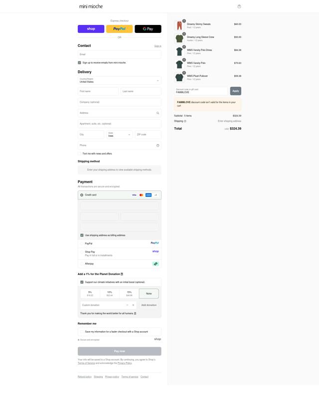 Mini Mioche checkout page showing Mini Mioche promo code box | Screenshot taken by SimplyCodes community member on Sep 11, 2025
