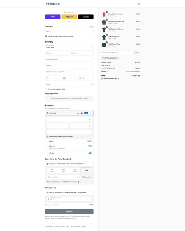 Mini Mioche checkout page showing Mini Mioche promo code box | Screenshot taken by SimplyCodes community member on Sep 11, 2025