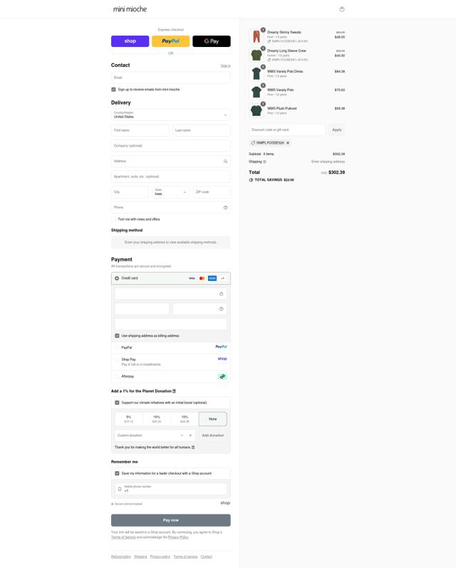 Mini Mioche checkout page showing Mini Mioche promo code box | Screenshot taken by SimplyCodes community member on Sep 11, 2025