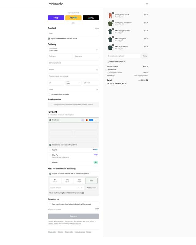 Mini Mioche checkout page showing Mini Mioche promo code box | Screenshot taken by SimplyCodes community member on Sep 11, 2025