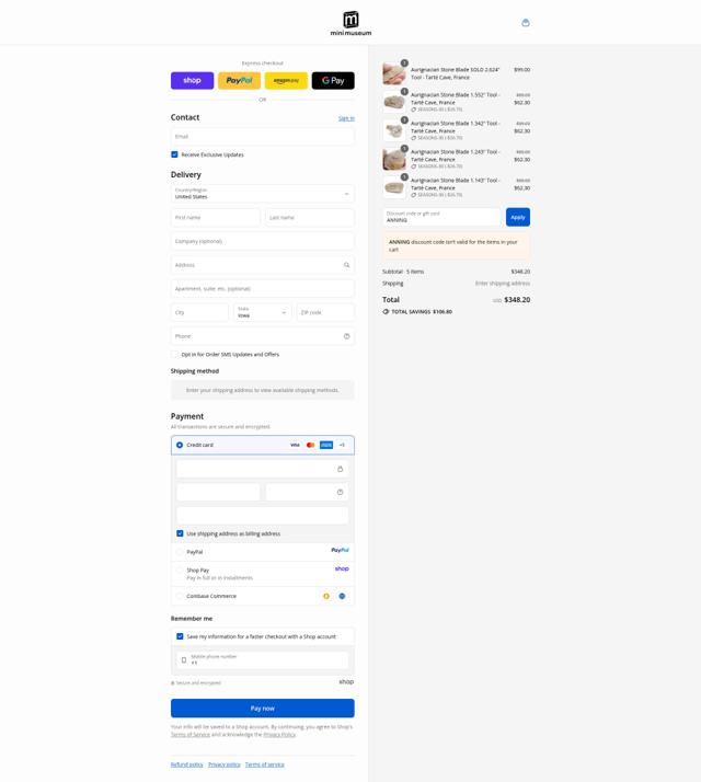 Mini Museum checkout page showing Mini Museum discount code box | Screenshot taken by SimplyCodes community member on Sep 10, 2025