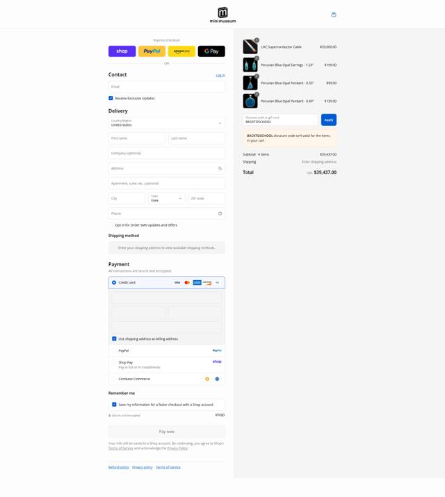 Mini Museum checkout page showing Mini Museum discount code box | Screenshot taken by SimplyCodes community member on Sep 2, 2025