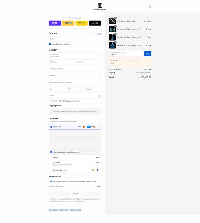 Mini Museum checkout page showing Mini Museum discount code box | Screenshot taken by SimplyCodes community member on Aug 29, 2025