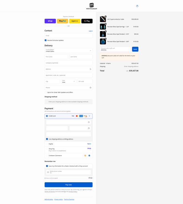 Mini Museum checkout page showing Mini Museum discount code box | Screenshot taken by SimplyCodes community member on Sep 2, 2025