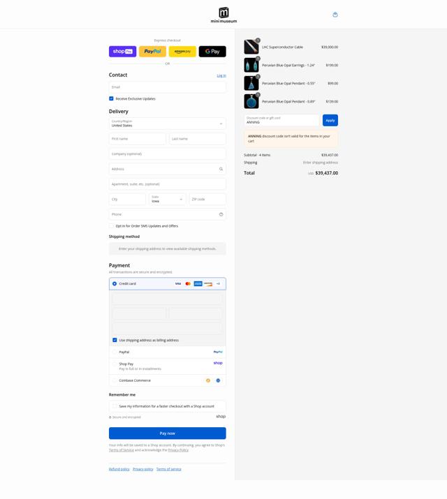 Mini Museum checkout page showing Mini Museum discount code box | Screenshot taken by SimplyCodes community member on Aug 25, 2025