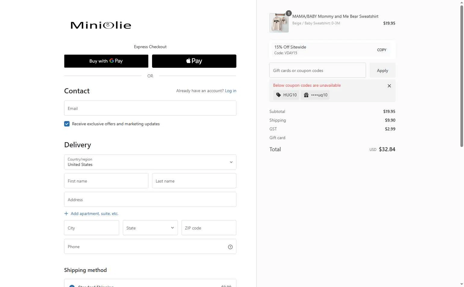 MiniOlie checkout page showing MiniOlie coupon code box | Screenshot taken by SimplyCodes community member on Feb 15, 2026
