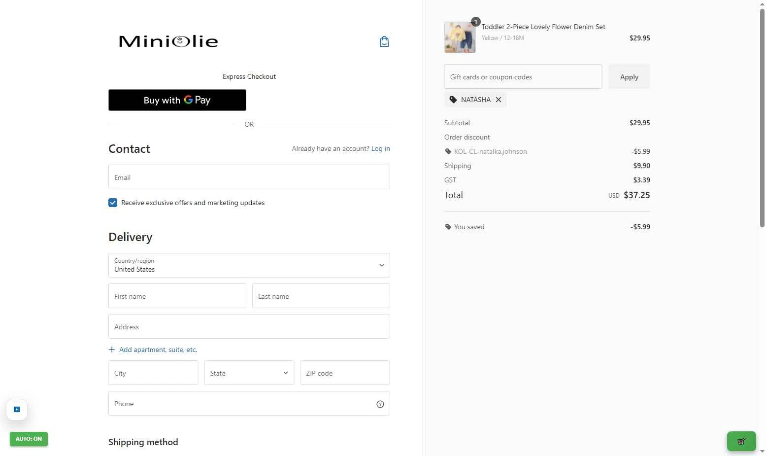 MiniOlie checkout page showing MiniOlie coupon code box | Screenshot taken by SimplyCodes community member on Feb 9, 2026