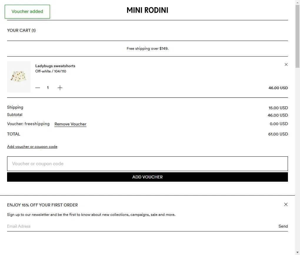 Mini Rodini checkout page showing Mini Rodini coupon code box | Screenshot taken by SimplyCodes community member on May 5, 2025