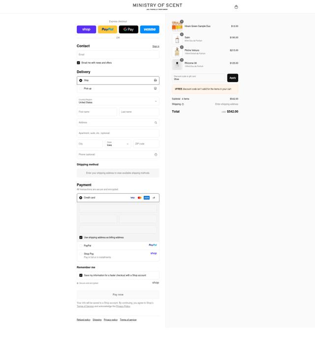 Ministry of Scent checkout page showing Ministry of Scent discount code box | Screenshot taken by SimplyCodes community member on Sep 11, 2025
