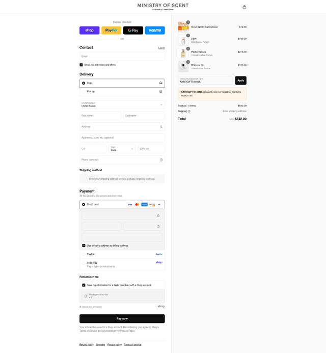 Ministry of Scent checkout page showing Ministry of Scent discount code box | Screenshot taken by SimplyCodes community member on Sep 8, 2025