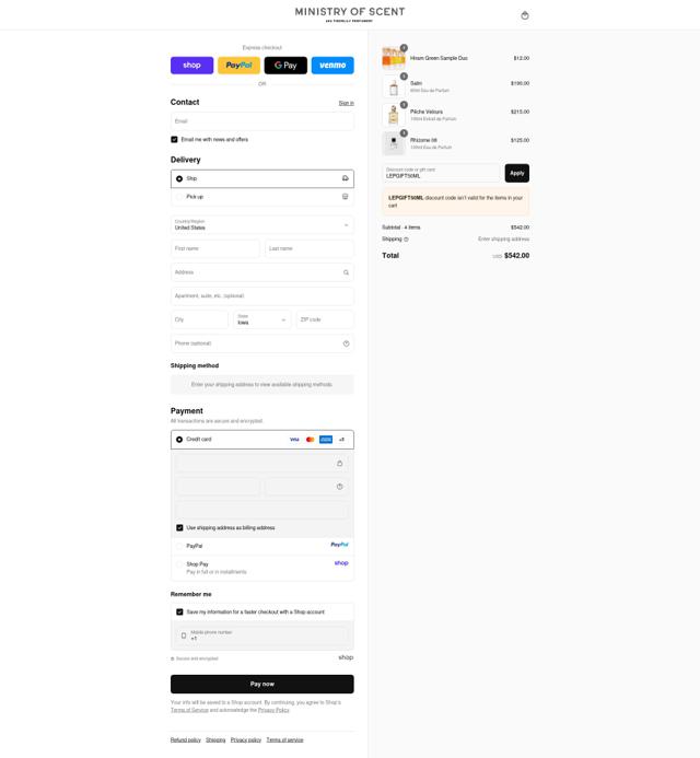 Ministry of Scent checkout page showing Ministry of Scent discount code box | Screenshot taken by SimplyCodes community member on Sep 11, 2025
