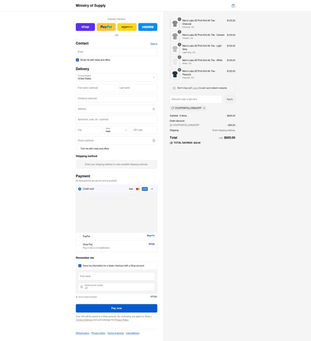 Ministry of Supply checkout page showing Ministry of Supply discount code box | Screenshot taken by SimplyCodes community member on Sep 12, 2025