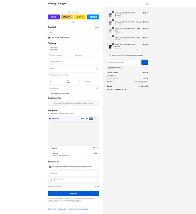 Ministry of Supply checkout page showing Ministry of Supply discount code box | Screenshot taken by SimplyCodes community member on Sep 12, 2025