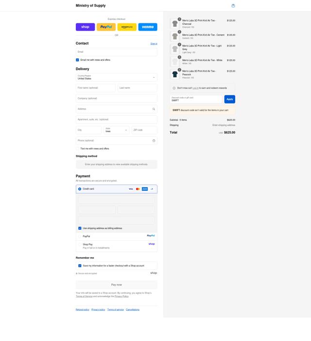 Ministry of Supply checkout page showing Ministry of Supply discount code box | Screenshot taken by SimplyCodes community member on Sep 12, 2025