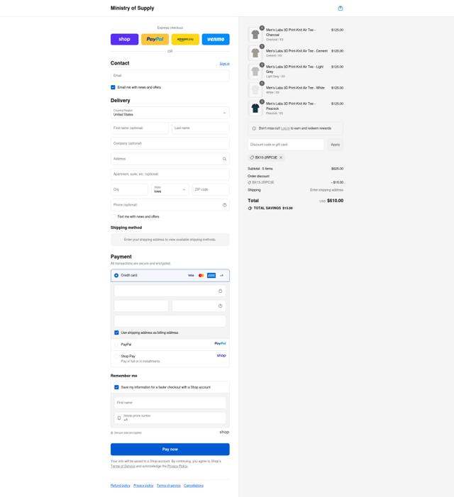Ministry of Supply checkout page showing Ministry of Supply discount code box | Screenshot taken by SimplyCodes community member on Sep 12, 2025