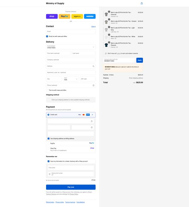 Ministry of Supply checkout page showing Ministry of Supply discount code box | Screenshot taken by SimplyCodes community member on Sep 12, 2025
