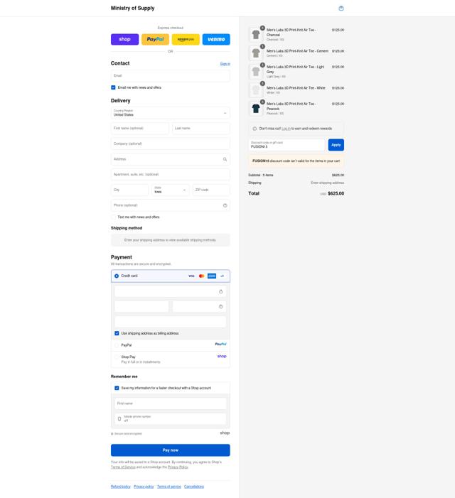 Ministry of Supply checkout page showing Ministry of Supply discount code box | Screenshot taken by SimplyCodes community member on Sep 12, 2025