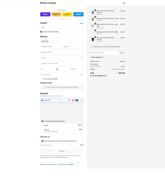Ministry of Supply checkout page showing Ministry of Supply discount code box | Screenshot taken by SimplyCodes community member on Sep 12, 2025